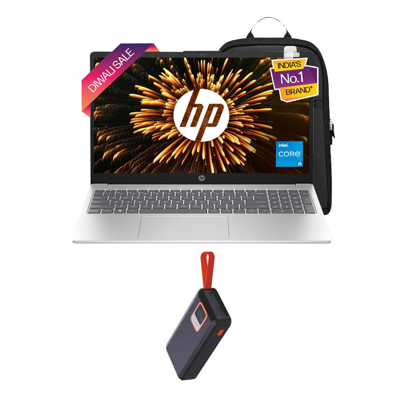 Picture of HP 15 - 12th Gen Intel Core i5-1235U 15.6" 15-fd0111TU Thin & Light Laptop (16GB/ 512GB SSD/ Full HD Display/ Windows 11 Home/ MS Office/ 1 Year Warranty/ Natural Silver/ 1.59Kg) + Portronics Ampbox 10K 10000 mAh Power Bank + Laptop Bag